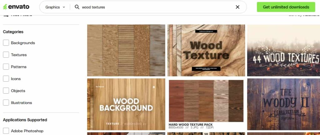 Envato marketplace showing digital wood textures for sale